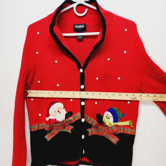 Vintage Studio Joy Christmas Cardigan Sweater With Santa & Snowman Red Size S - Picture 4 of 9
